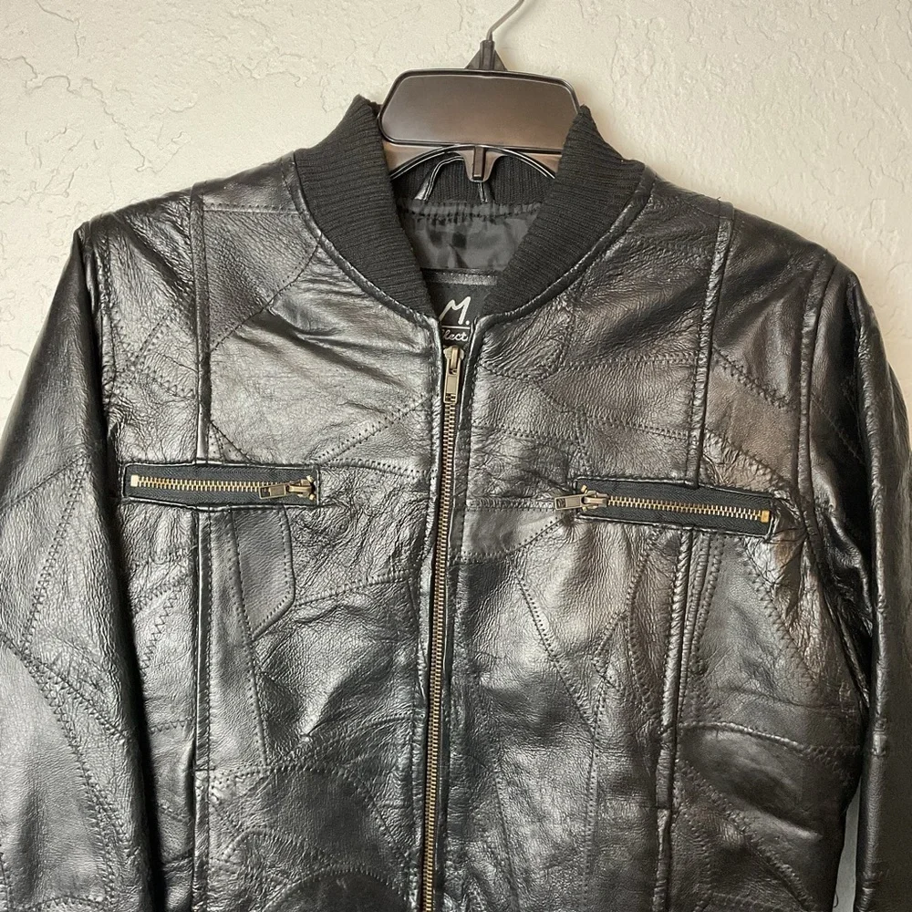 M. Collection Women’s Black Leather Patchwork Zip Up Bomber Jacket Sz Med